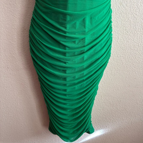 Elegant Stand Collar Green Bodycon Ruched Dress L - Picture 7 of 13